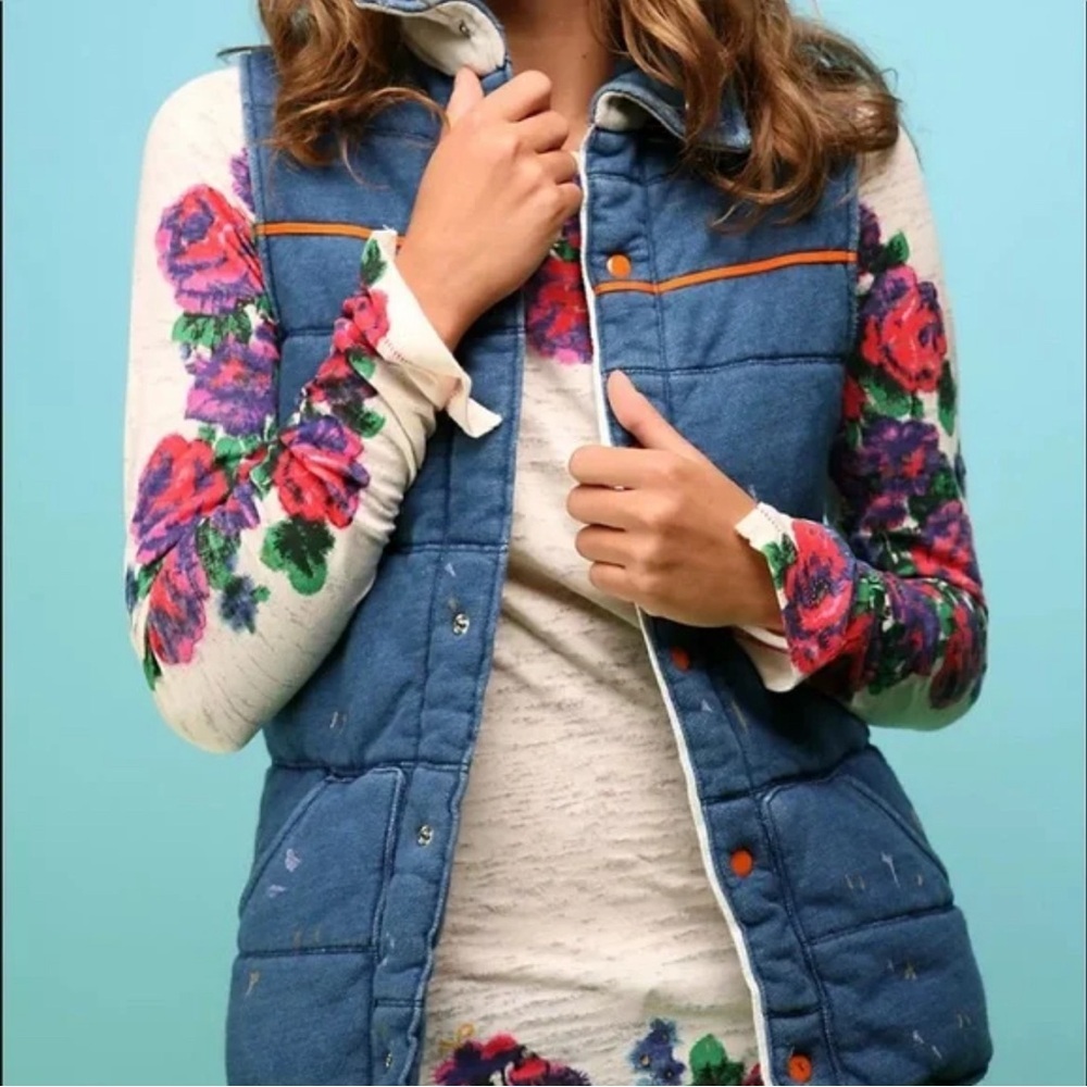 Free People We the Free Vintage Wild Blue Yonder Orange Puffer Vest XS EUC